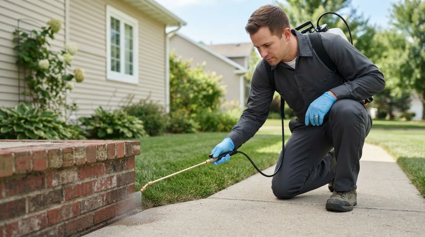 Pest control technician treating a home near Ankeny, IA