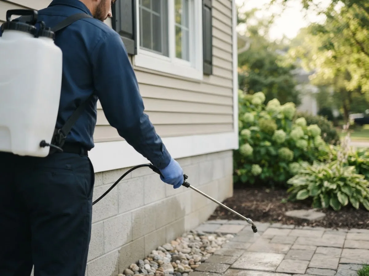 Pest control technician inspecting a home in Ankeny, IA